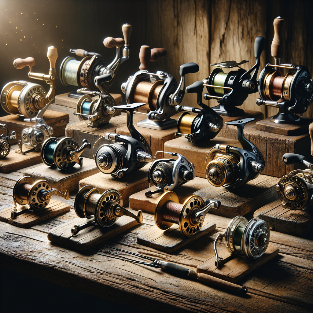 A detailed, high-resolution image of various fishing reels displayed on a rustic wooden table, showcasing different types of reels used in freshwater and saltwater fishing.