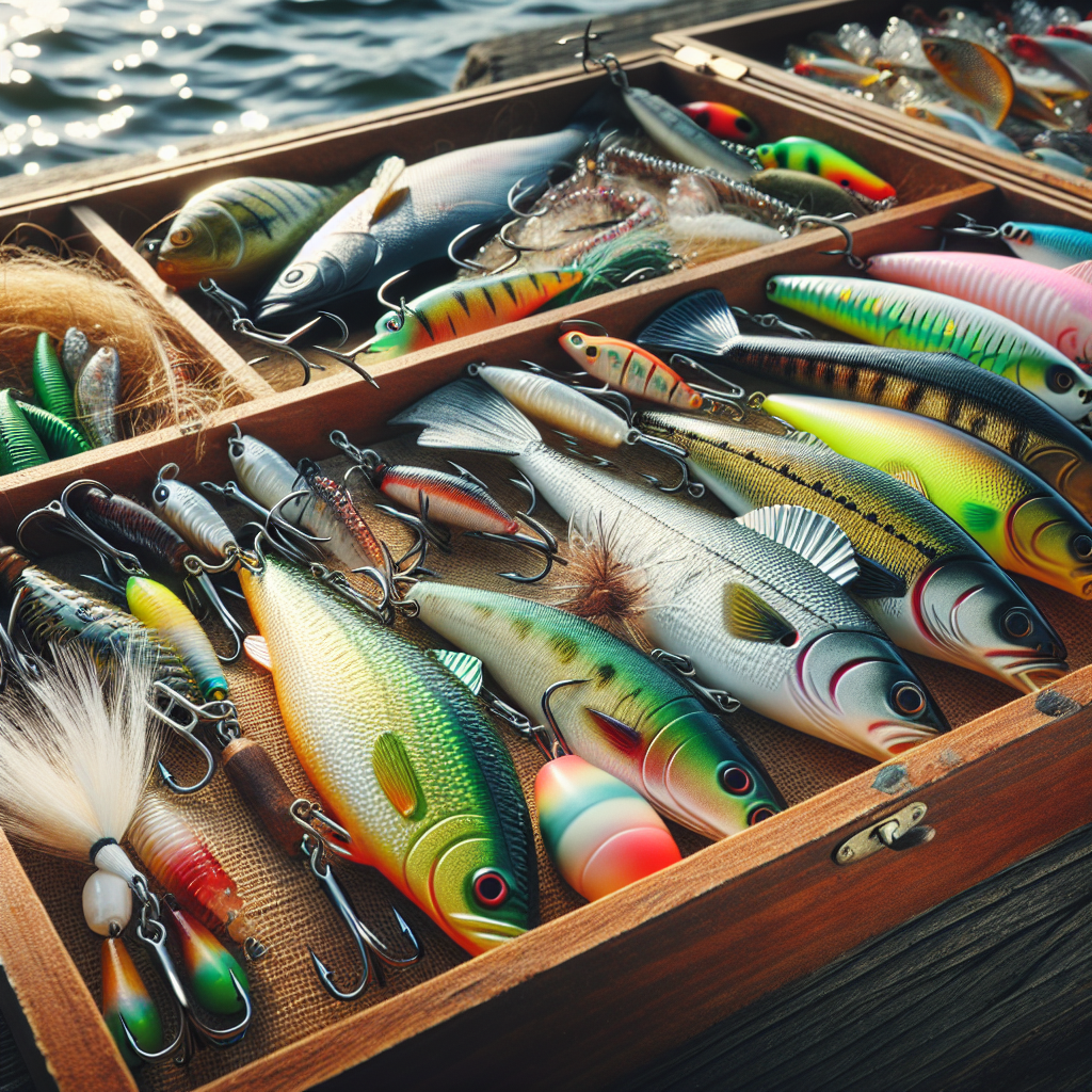 Nærbilde av assorterte sluker og agn på en treboks ved vannkanten: wobblere, skjeer, softbaits med naturlige farger, realistisk, høy detaljgrad