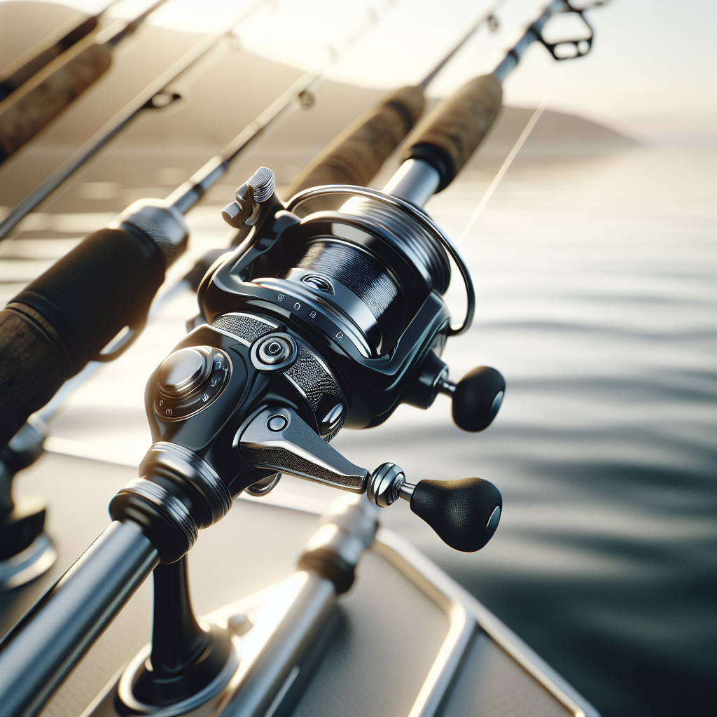 Realistisk nærbilde av et moderne fiskehjul montert på stang ved kysten, fokus på detalj i metall og karbon, mykt morgenlys, høy oppløsning