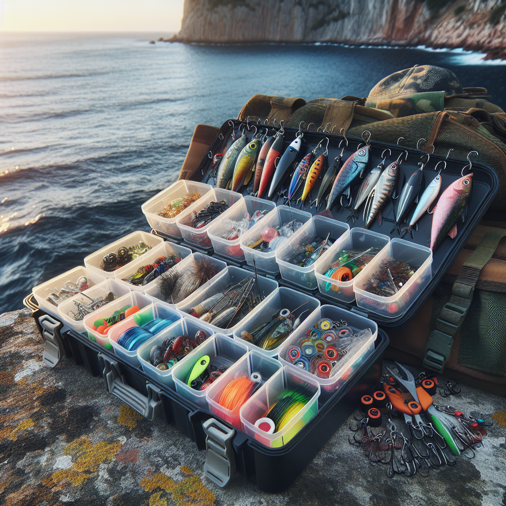 Nærbilde av ulike fiskevesker og plastbokser organisert med sluker, kroker og verktøy, ved en klippe med sjø i bakgrunnen, naturlig lys