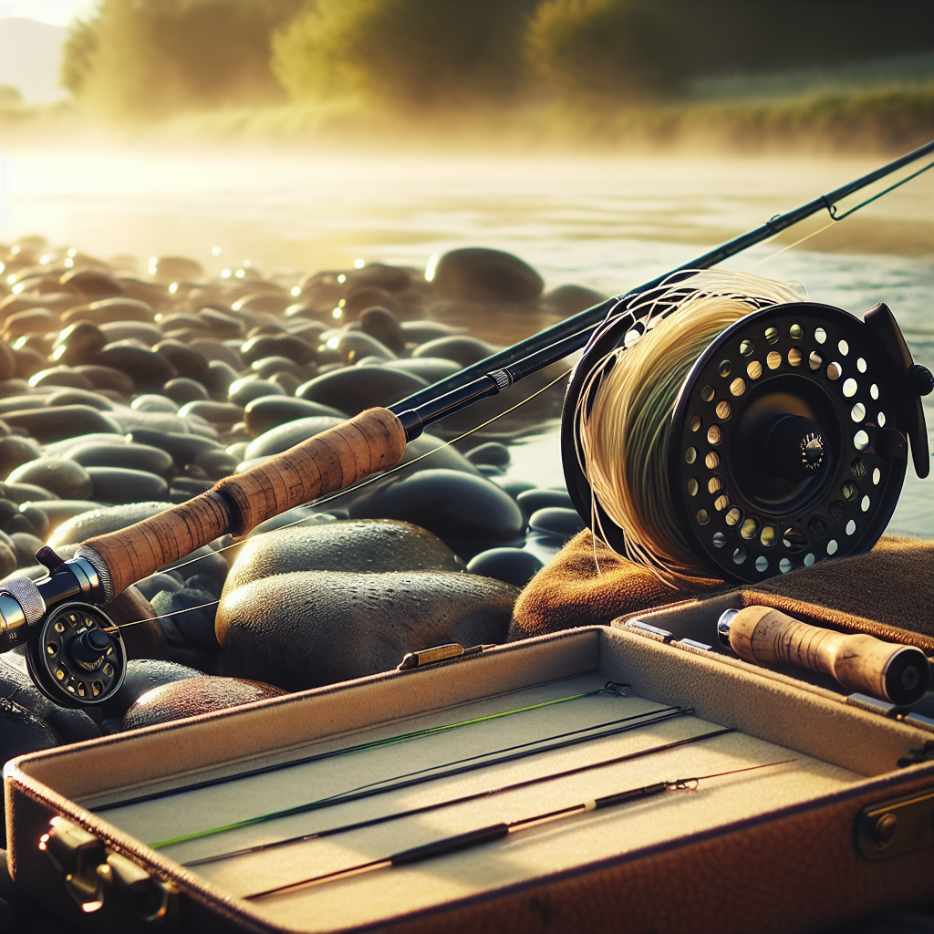 Nærbilde av fluefiskeutstyr ved elvebredden: fluestang, snelle, flueliner og flueboks i mykt morgenlys