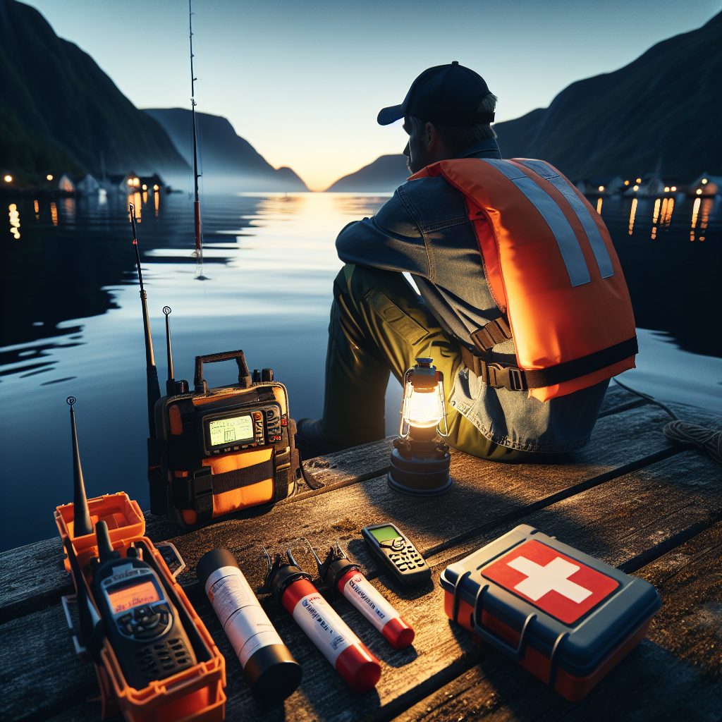 Fisker i redningsvest på en stille fjord ved skumring, med moderne nødlys, VHF og førstehjelpsutstyr synlig, realistisk stil